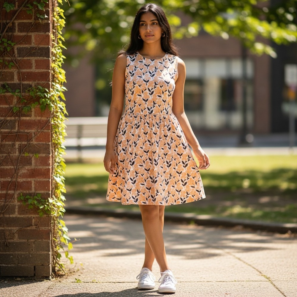 Mata Traders Floral Block Print Cotton Sleeveless Dress Orange Cream Large